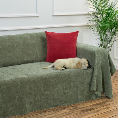 Jakarlı Şönil Koltuk Örtüsü  | Çekyat Örtüsü | Koltuk Şalı 175x300 Kaymaz Sage Yeşil