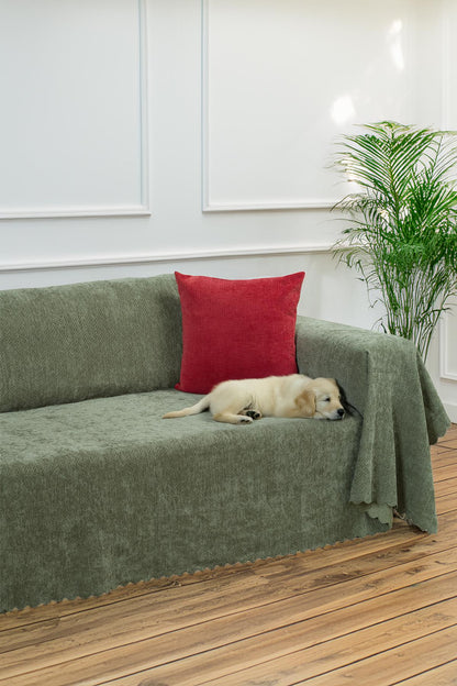 Jakarlı Şönil Koltuk Örtüsü  | Çekyat Örtüsü | Koltuk Şalı 175x300 Kaymaz Sage Yeşil