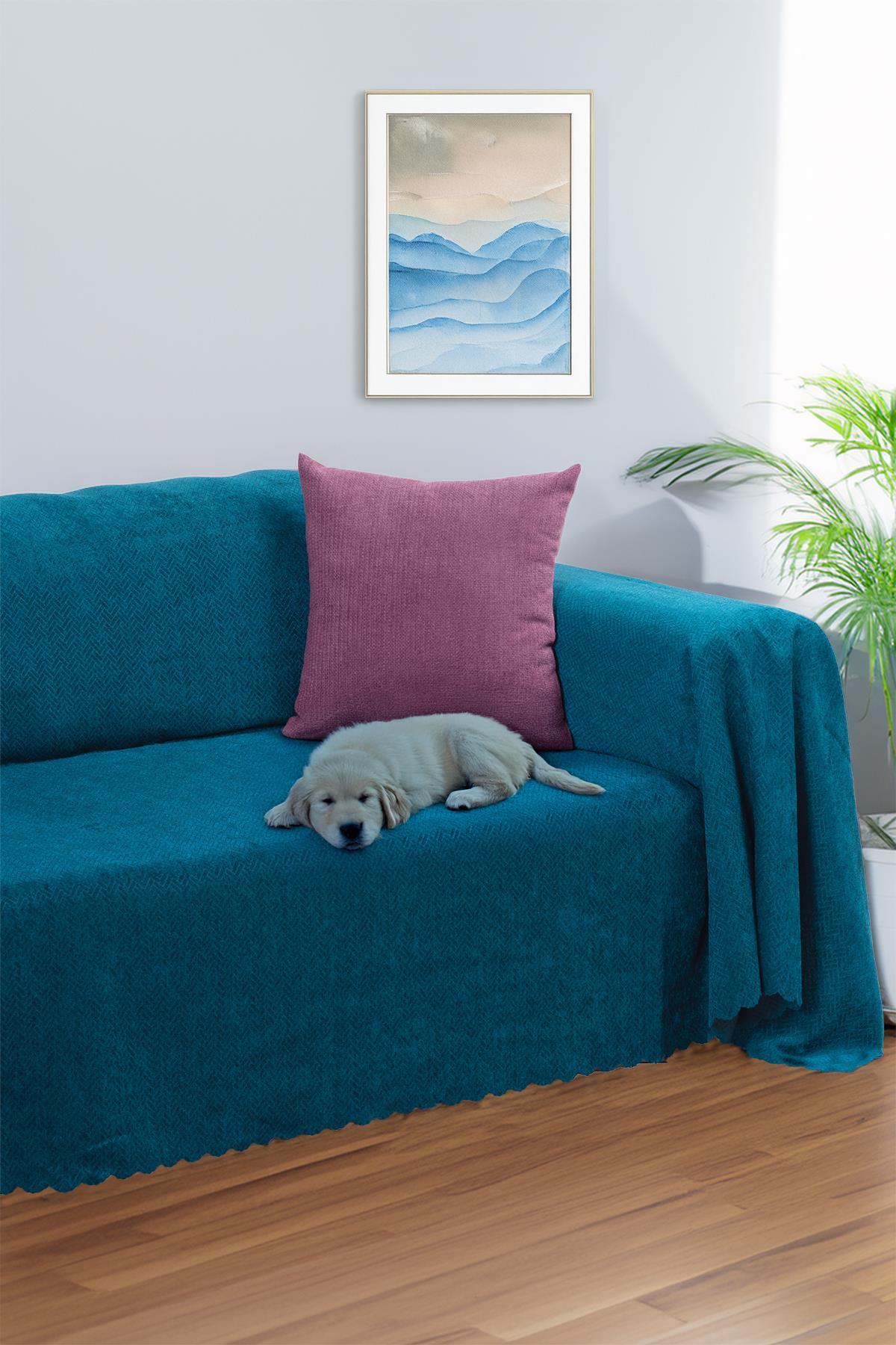 Jakarlı Şönil Koltuk Örtüsü  | Çekyat Örtüsü | Koltuk Şalı 175x300 Kaymaz Turkuaz