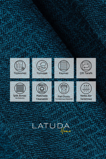 Jakarlı Şönil Koltuk Örtüsü  | Çekyat Örtüsü | Koltuk Şalı 175x300 Kaymaz Turkuaz