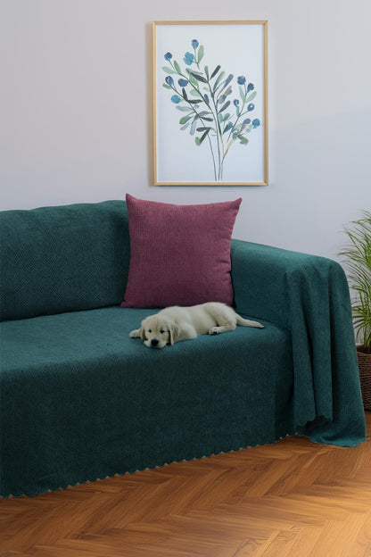 Jakarlı Şönil Koltuk Örtüsü  | Çekyat Örtüsü | Koltuk Şalı 175x300 Kaymaz Zümrüt