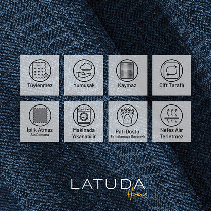 Jakarlı Şönil Koltuk Örtüsü  | Çekyat Örtüsü | Koltuk Şalı 175x350 Kaymaz Gece Mavisi