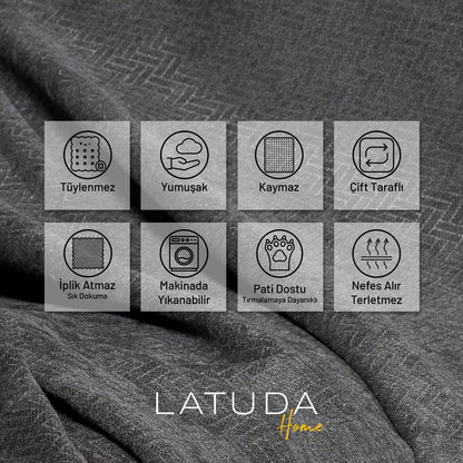 Jakarlı Şönil Koltuk Örtüsü  | Çekyat Örtüsü | Koltuk Şalı 175x350 Kaymaz Gri