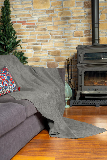 Jakarlı Şönil Koltuk Örtüsü  | Çekyat Örtüsü | Koltuk Şalı 175x350 Kaymaz Gümüş