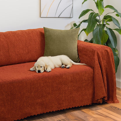 Jakarlı Şönil Koltuk Örtüsü  | Çekyat Örtüsü | Koltuk Şalı 175x350 Kaymaz Kiremit