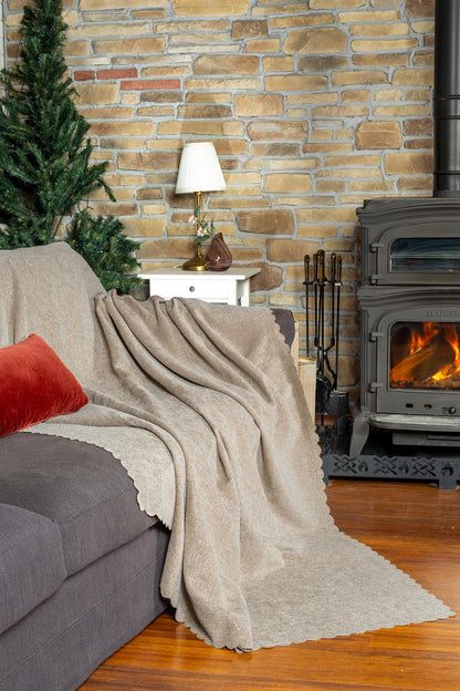 Jakarlı Şönil Koltuk Örtüsü  | Kanepe Örtüsü | Koltuk Şalı 110x175  2 Ad. Kaymaz Bej