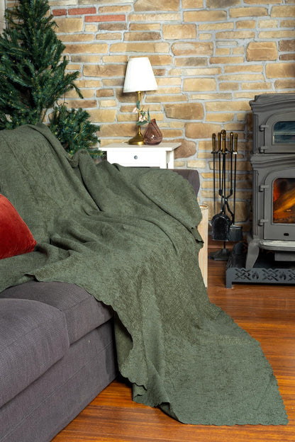 Jakarlı Şönil Koltuk Örtüsü  | Kanepe Örtüsü | Koltuk Şalı 175x300 Kaymaz Sage Yeşil