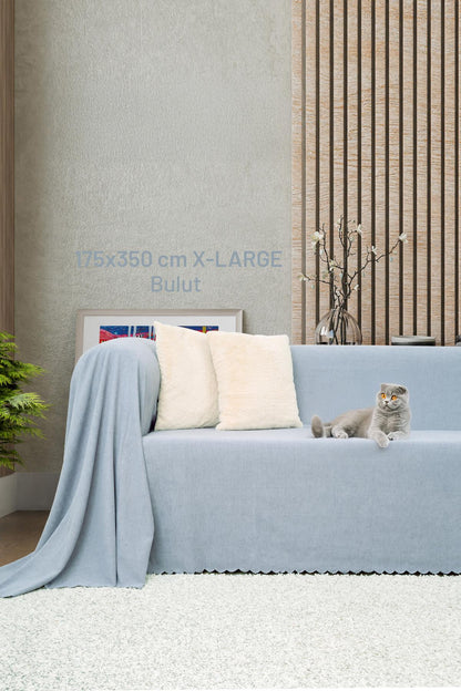 Kaymaz Koltuk Örtüsü Çift Taraflı Mikrofiber Şönil 175x350 cm XL- Bulut – Kedi Köpek ve Çocuk Dostu