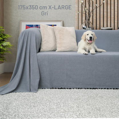 Kaymaz Koltuk Örtüsü Çift Taraflı Mikrofiber Şönil 175x350 cm XL- Gri – Kedi Köpek ve Çocuk Dostu