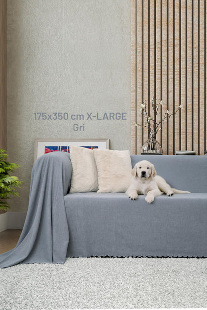 Kaymaz Koltuk Örtüsü Çift Taraflı Mikrofiber Şönil 175x350 cm XL- Gri – Kedi Köpek ve Çocuk Dostu