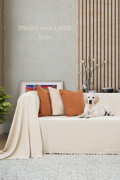 Kaymaz Koltuk Örtüsü Çift Taraflı Mikrofiber Şönil 175x350 cm XL- Krem – Kedi Köpek ve Çocuk Dostu