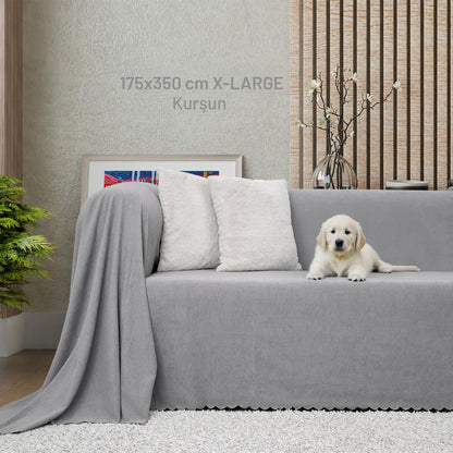 Kaymaz Koltuk Örtüsü Çift Taraflı Mikrofiber Şönil 175x350 cm XL- Kurşun – Kedi Köpek ve Çocuk Dostu