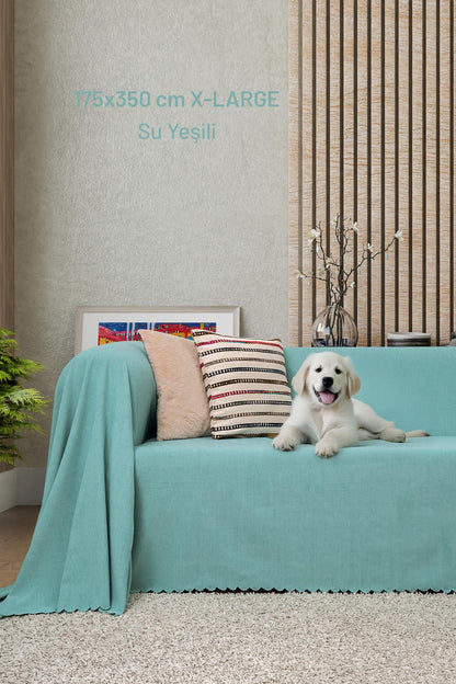 Kaymaz Koltuk Örtüsü Çift Taraflı Mikrofiber Şönil 175x350 cm XL- Su Yeşili – Kedi Köpek ve Çocuk Dostu