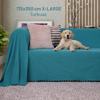 Kaymaz Koltuk Örtüsü Çift Taraflı Mikrofiber Şönil 175x350 cm XL- Turkuaz – Kedi Köpek ve Çocuk Dostu