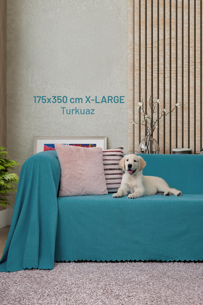 Kaymaz Koltuk Örtüsü Çift Taraflı Mikrofiber Şönil 175x350 cm XL- Turkuaz – Kedi Köpek ve Çocuk Dostu