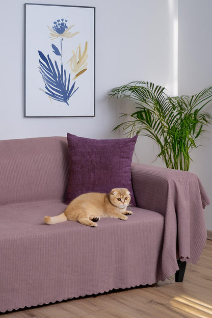 Mikrofiber Şönil Fitilli Minimalist Koltuk Örtüsü -175x300 cm Large, Çift Taraflı, Kaymaz, Terletmez Rose