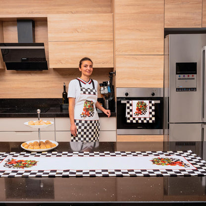 Mackenzie Dama Desenli 3'lü Mutfak Seti - Runner, Fırın Örtüsü ve Mutfak Önlüğü HEDİYELİK-LTD366