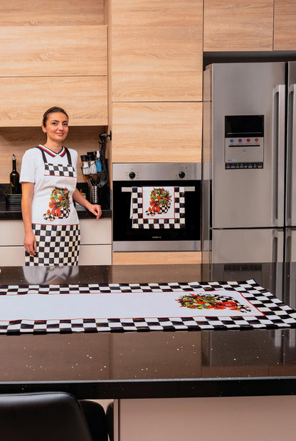 Mackenzie Dama Desenli 3'lü Mutfak Seti - Runner, Fırın Örtüsü ve Mutfak Önlüğü HEDİYELİK-LTD366