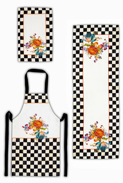 Mackenzie Dama Desenli 3'lü Mutfak Seti - Runner, Fırın Örtüsü ve Mutfak Önlüğü HEDİYELİK- LTD367