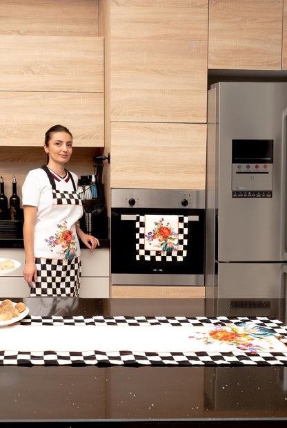 Mackenzie Dama Desenli 3'lü Mutfak Seti - Runner, Fırın Örtüsü ve Mutfak Önlüğü HEDİYELİK- LTD367