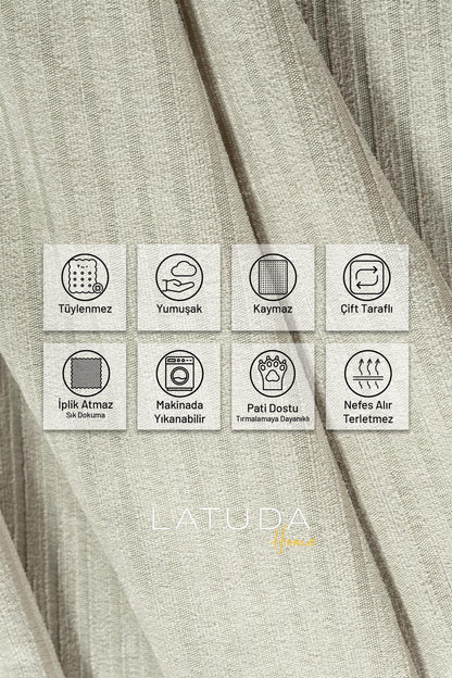 Mikrofiber Şönil Fitilli Minimalist Koltuk Örtüsü - 175x215 cm, Çift Taraflı, Kaymaz, Terletmez Krem