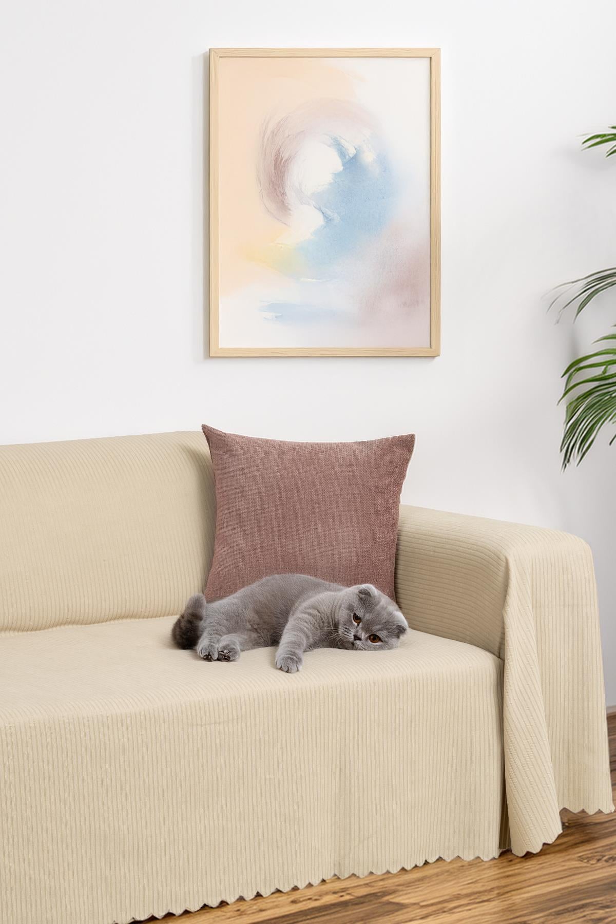 Mikrofiber Şönil Fitilli Minimalist Koltuk Örtüsü -175x300 cm Large, Çift Taraflı, Kaymaz, Terletmez Bej