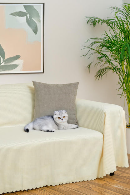 Mikrofiber Şönil Fitilli Minimalist Koltuk Örtüsü -175x300 cm Large, Çift Taraflı, Kaymaz, Terletmez Ekru