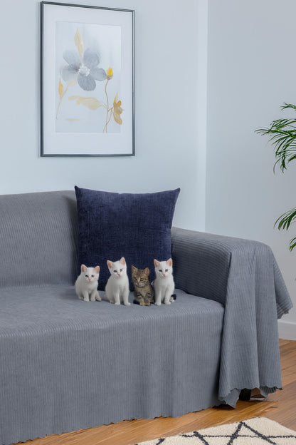 Mikrofiber Şönil Fitilli Minimalist Koltuk Örtüsü -175x300 cm Large, Çift Taraflı, Kaymaz, Terletmez Gri