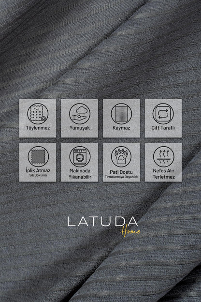 Mikrofiber Şönil Fitilli Minimalist Koltuk Örtüsü -175x300 cm Large, Çift Taraflı, Kaymaz, Terletmez Gri