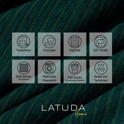 Mikrofiber Şönil Fitilli Minimalist Koltuk Örtüsü -175x300 cm Large, Çift Taraflı, Kaymaz, Terletmez Zümrüt