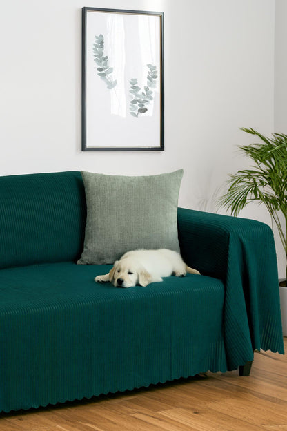 Mikrofiber Şönil Fitilli Minimalist Koltuk Örtüsü -175x350 cm XLarge, Çift Taraflı, Kaymaz, Terletmez Zümrüt