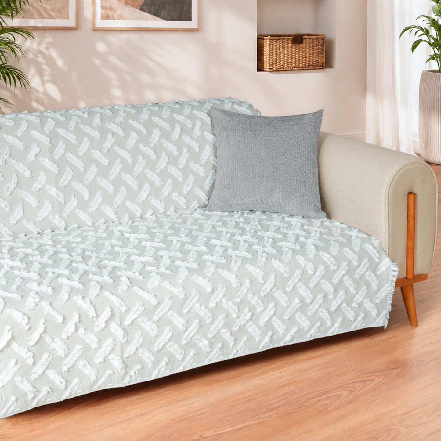 Nesta Pamuklu Punch Dokulu Kaymaz Koltuk Örtüsü 180x220 cm , Krem