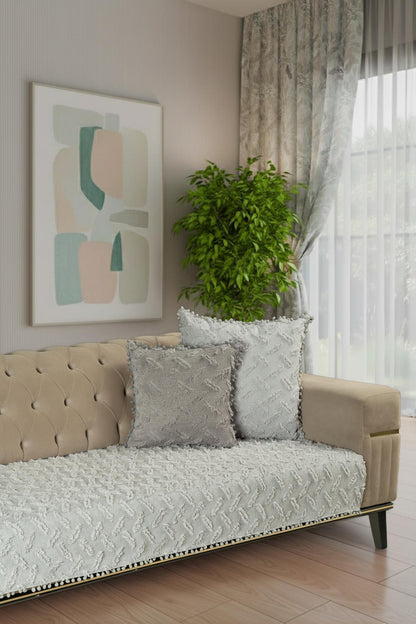 Ponela Bohem Ponponlu Koltuk Örtüsü 90x200 cm Sadece Oturma Alanı (1 Adet )- Açık Gri
