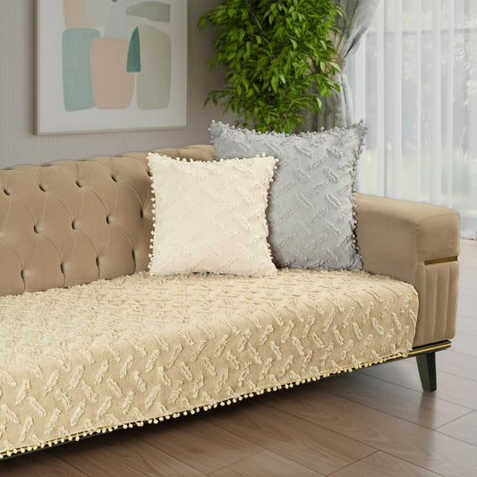 Ponela Bohem Ponponlu Koltuk Örtüsü 90x200 cm Sadece Oturma Alanı (1 Adet )- Bej