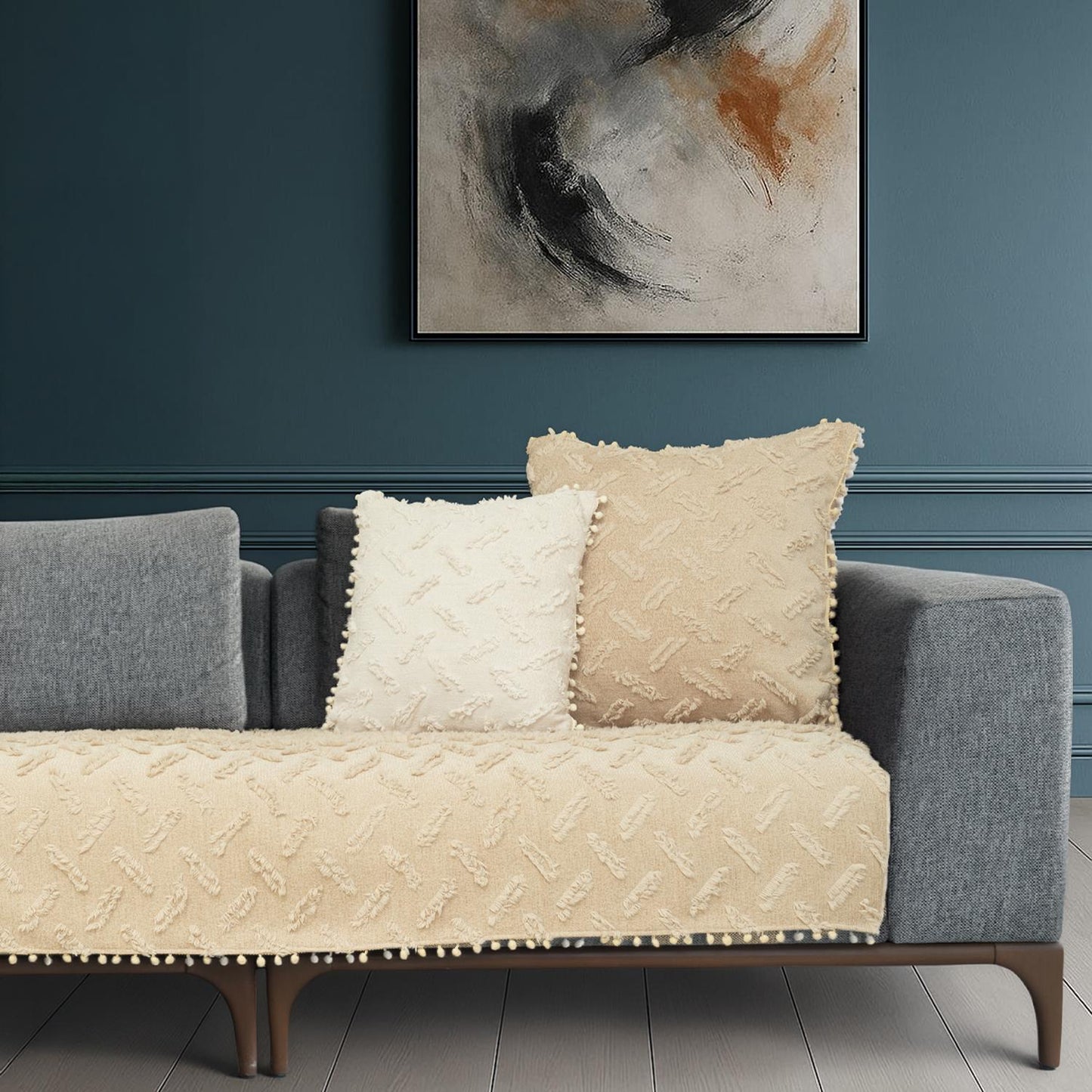 Ponela Bohem Ponponlu Koltuk Örtüsü 90x200 cm Sadece Oturma Alanı (1 Adet )- Bej