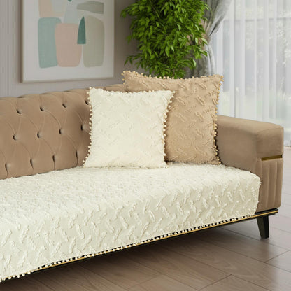 Ponela Bohem Ponponlu Koltuk Örtüsü 90x200 cm Sadece Oturma Alanı (1 Adet )- Ekru