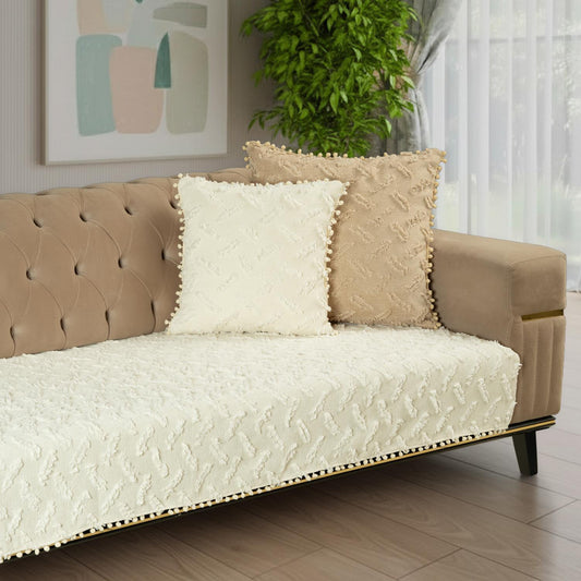 Ponela Bohem Ponponlu Koltuk Örtüsü 90x200 cm Sadece Oturma Alanı (1 Adet )- Ekru