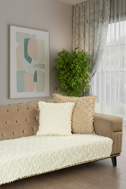Ponela Bohem Ponponlu Koltuk Örtüsü 90x200 cm Sadece Oturma Alanı (1 Adet )- Ekru