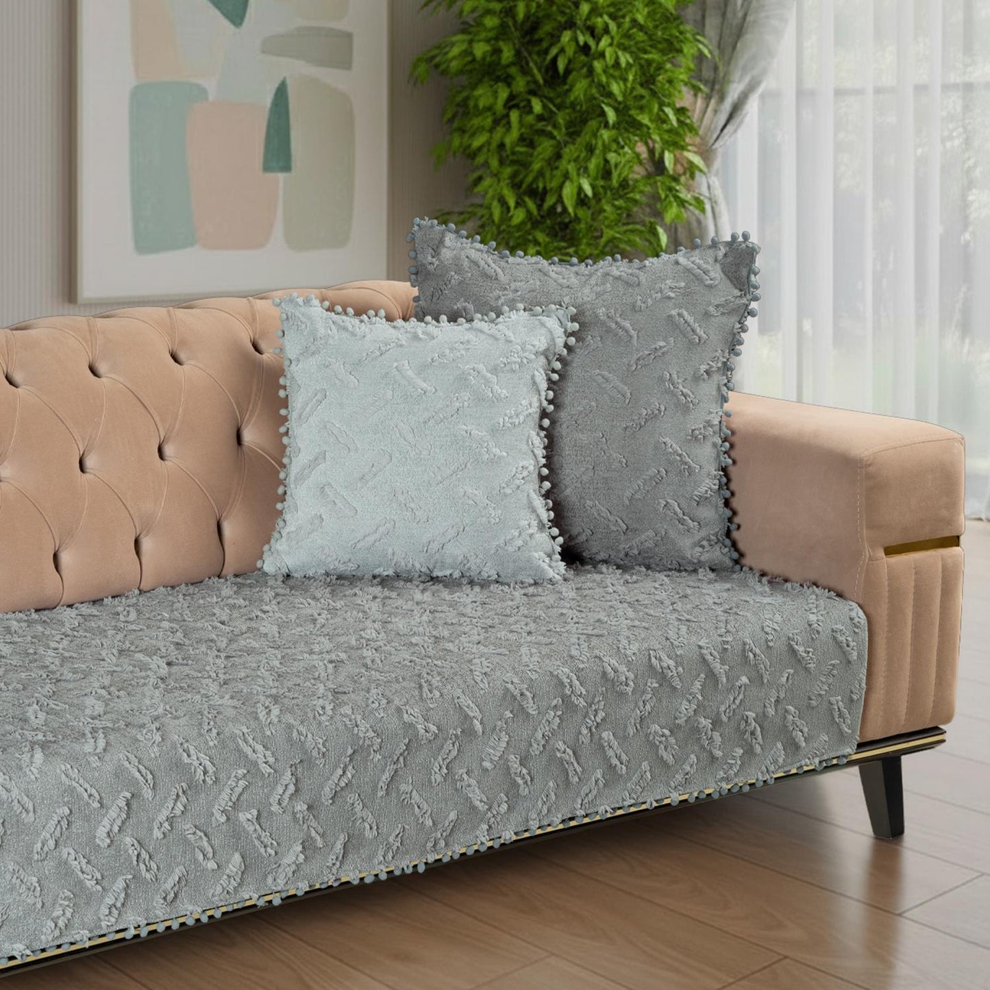 Ponela Bohem Ponponlu Koltuk Örtüsü 90x200 cm Sadece Oturma Alanı (1 Adet )- Gri