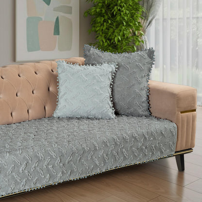 Ponela Bohem Ponponlu Koltuk Örtüsü 90x200 cm Sadece Oturma Alanı (1 Adet )- Gri