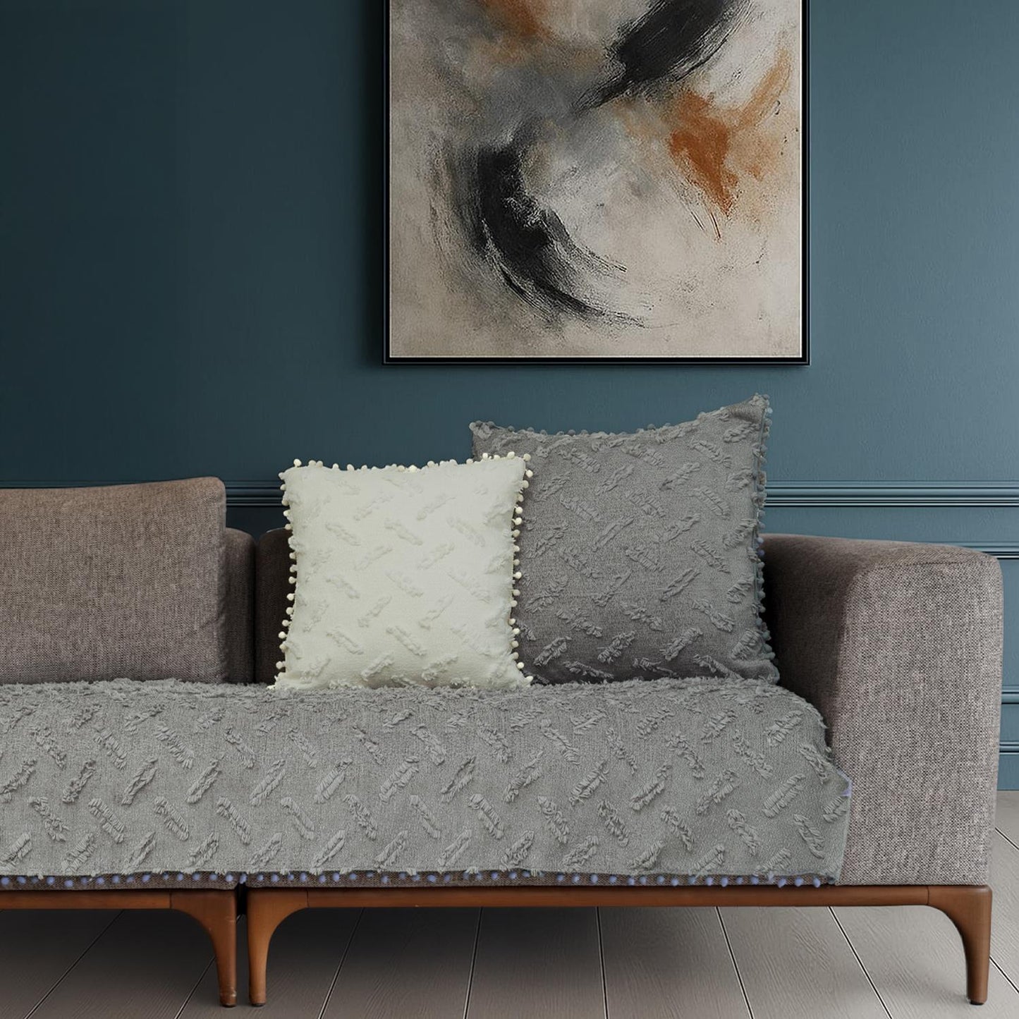 Ponela Bohem Ponponlu Koltuk Örtüsü 90x200 cm Sadece Oturma Alanı (1 Adet )- Gri