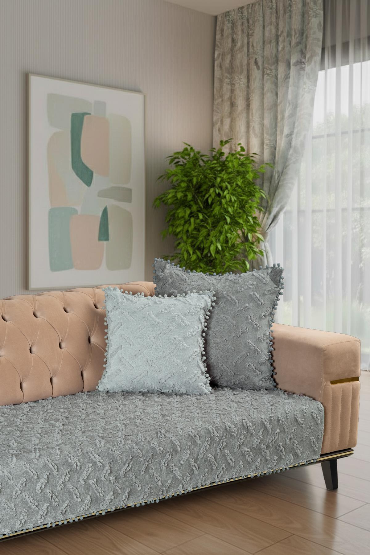 Ponela Bohem Ponponlu Koltuk Örtüsü 90x200 cm Sadece Oturma Alanı (1 Adet )- Gri