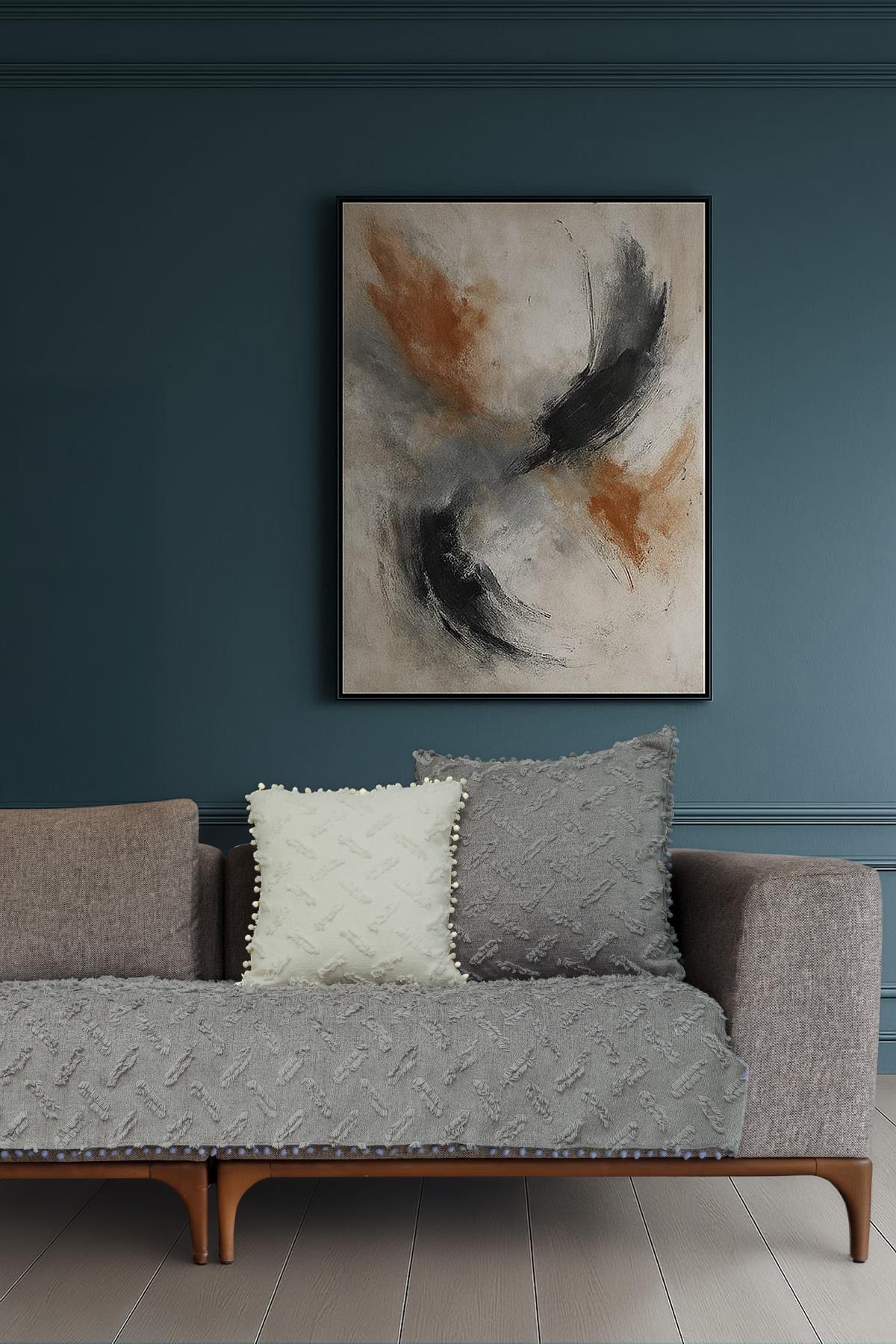 Ponela Bohem Ponponlu Koltuk Örtüsü 90x200 cm Sadece Oturma Alanı (1 Adet )- Gri