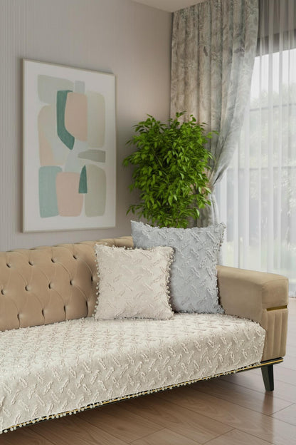 Ponela Bohem Ponponlu Koltuk Örtüsü 90x200 cm Sadece Oturma Alanı (1 Adet )- Kil