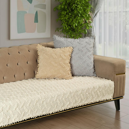 Ponela Bohem Ponponlu Koltuk Örtüsü 90x200 cm Sadece Oturma Alanı (1 Adet )- Krem