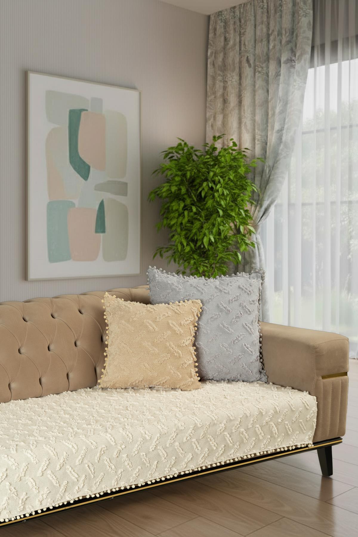 Ponela Bohem Ponponlu Koltuk Örtüsü 90x200 cm Sadece Oturma Alanı (1 Adet )- Krem