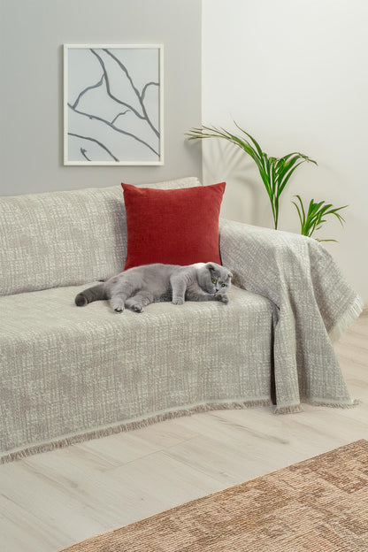 PureCot Premium Pamuklu Püsküllü Koltuk Örtüsü 180x220 Çift Taraflı Terletmez Kaymaz , Açık Kahve