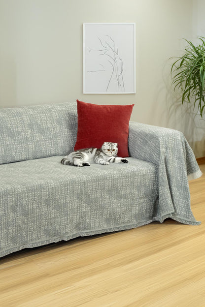 PureCot Premium Pamuklu Püsküllü Koltuk Örtüsü 180x220 Çift Taraflı Terletmez Kaymaz , Haki