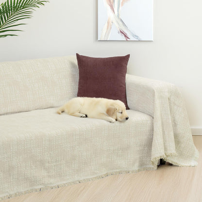 PureCot Premium Pamuklu Püsküllü Koltuk Örtüsü 180x220 Çift Taraflı Terletmez Kaymaz , Krem