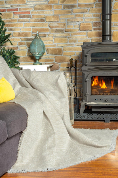 PureCot Premium Pamuklu Püsküllü Koltuk Örtüsü 180x220 Çift Taraflı Terletmez Kaymaz , Krem